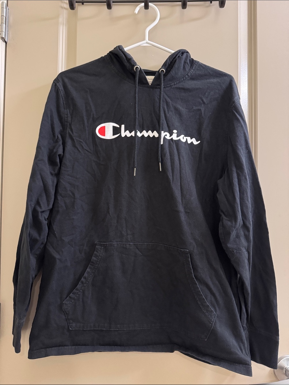 Champion Black Crewneck Hoodie with White & Red Script Logo